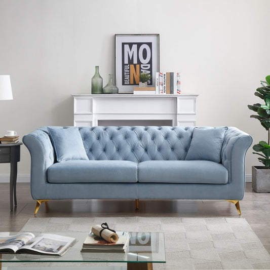 Chesterfield Sofa with Scroll Arm and Back, Tufted Sofa Couch, Modern Chesterfield Sofa, Golden Leg 89 W x 36.22 D x 31.5 H in
