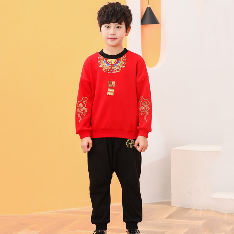 2022 Autumn Winter 2 3 4-14 Years Brother Sisiter Family Outfit Thicken Boy Girl Chinese New Year Red Sweatshirt +Pant 2 Pcs Set