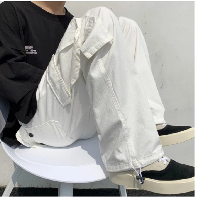 Black/white Casual Pants Men&#39;s Fashion Loose Straight Wide Leg Pants Men Streetwear Hip-hop Pocket Cargo Pants Mens Trousers