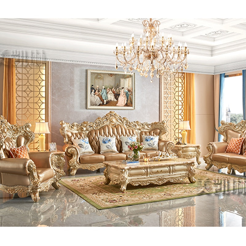 European-style Large-sized Leather Sofa Combination, American Luxury Carved Solid Wood Sofa, High-end Champagne Gold Foil