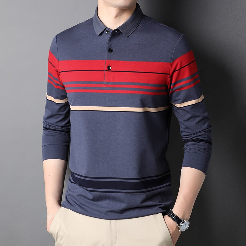 Top Grade New Fashion Designer Brand Simple Mens Polo Shirt Trendy With Long Sleave Stripped Casual Tops Men Clothes