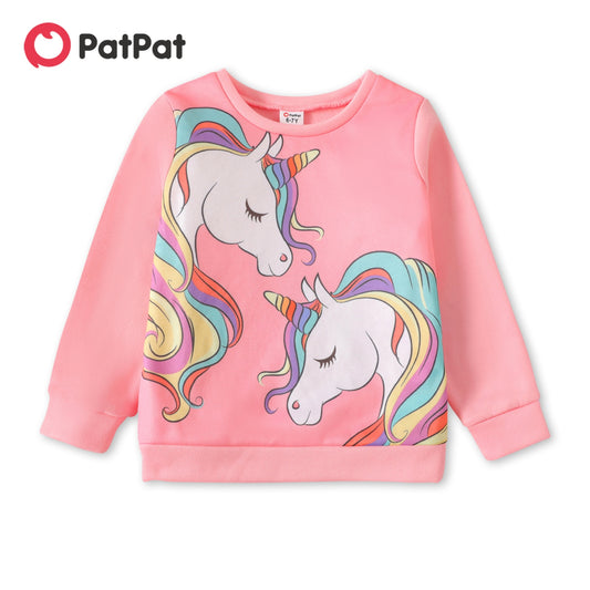 PatPat Kid Girl Unicorn Print Fleece Lined Pink Pullover Sweatshirt
