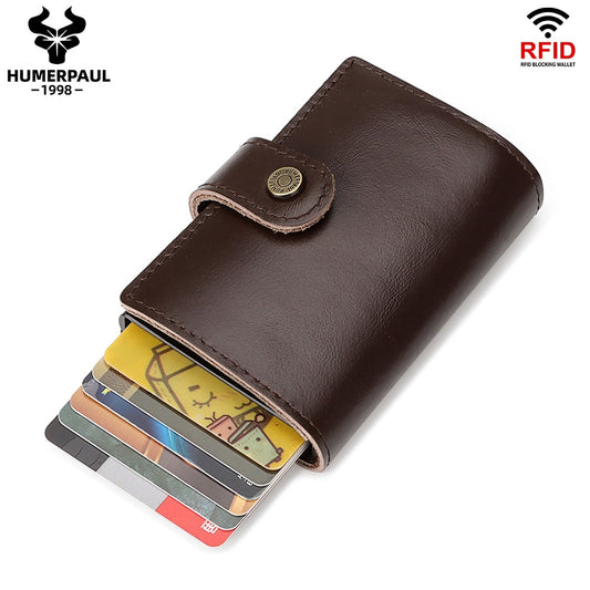 HUMERPAUL Genuine Leather Card Holder with Money Clip RFID Blocking Pop Up Smart Wallets Aluminum Men Travel Porte Carte