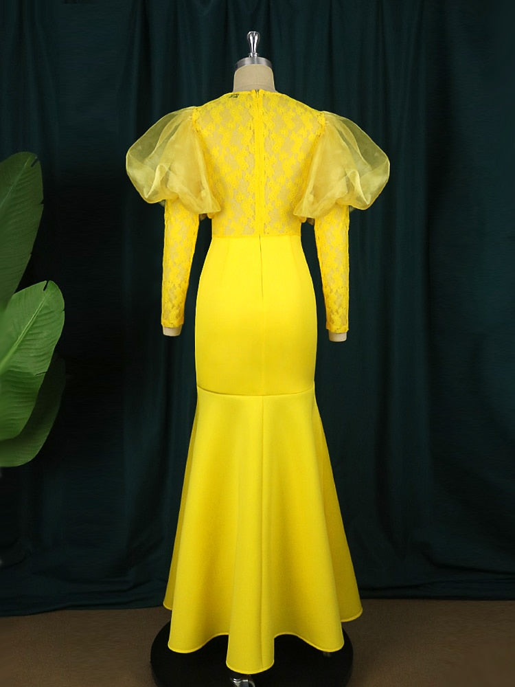 Yellow Lace Evening Party Dresses Women Puff Long Sleeve See Through High Waist Long Mermaid Prom Gowns Homecoming Big Size 4XL