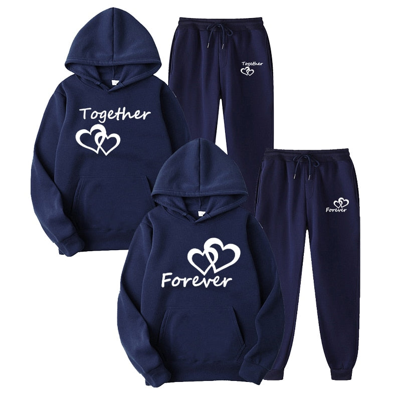 Fashion Men and Women Unisex Couple Sportwear Set Lover Forever Together Printed Hooded Suits Set Hoodie and Pants Streetwear