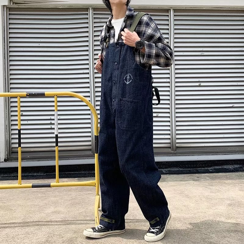 Fashion Men Bib Jeans Pants Solid Color Jumpsuit Streetwear 2022 Jogger Pants Multi Pocket Casual Suspender Cargo Pants Men