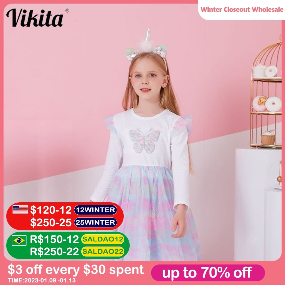 VIKITA Autumn Girls Dress Butterfly Sequins Kids Long Sleeve Dresses Baby Girls Princess Dress Party Clothes Birthday Dresses