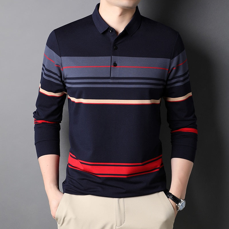 Top Grade New Fashion Designer Brand Simple Mens Polo Shirt Trendy With Long Sleave Stripped Casual Tops Men Clothes