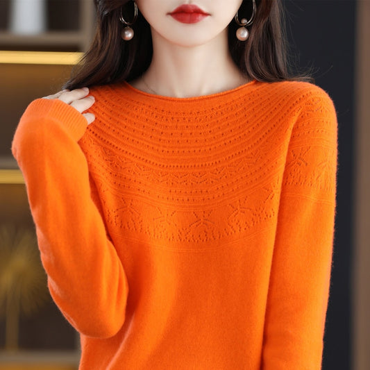 100 Wool Classic Round Neck Cutout Sweater Fashion Cutout Loose Long Sleeve Undercoat New Design Taste Popular Sweater Girl