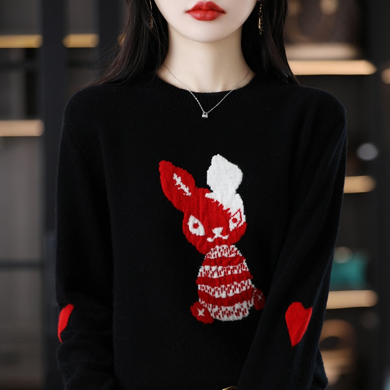 2023 Rabbit New Year Sweater Comfortable And Warm 100% Merino Wool Pullover Korean Fashion Large Women&#39;s Top Free Of Freight