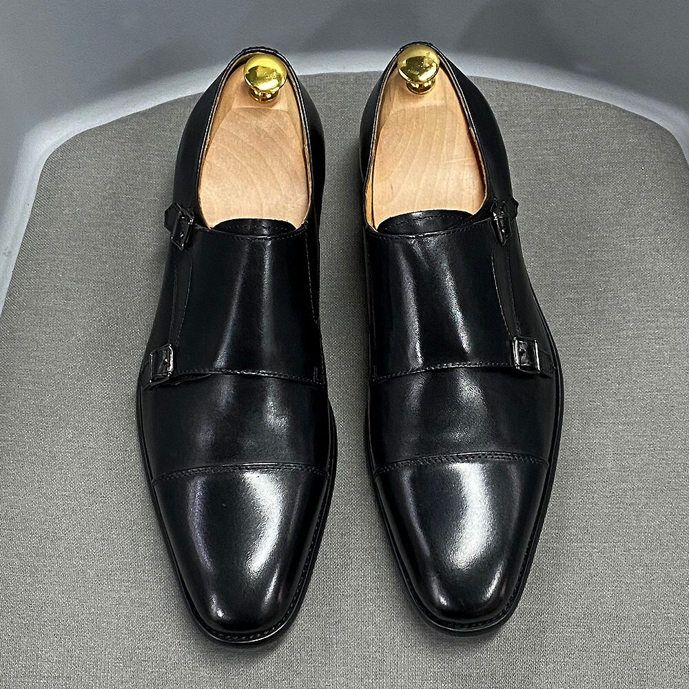 Luxury Men&#39;s Genuine Leather Formal Shoes Classic Double Buckle Monk Strap Cap Toe Business Office Dress Shoes Male Wedding Shoe