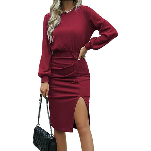 Women Sexy Screw Thread Sheath Multiple Colors O-Neck Knee-length Folding Dresses Lantern Long Sleeve Knitted Split Hip Wrap