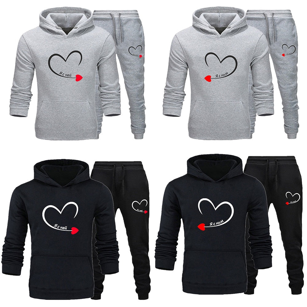 2023 Couples Tracksuit Love Heart Print Lover Hoodie and Pants 2 PCS Clothes Men Women Sweatshirts and Trousers Fleece Suits