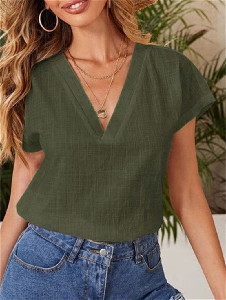 Women&#39;s Cotton Linen Blouse Fashion Summer V Neck Short Sleeve Shirts Solid Color Blouses Casual Office Loose Tops Blusas Mujer