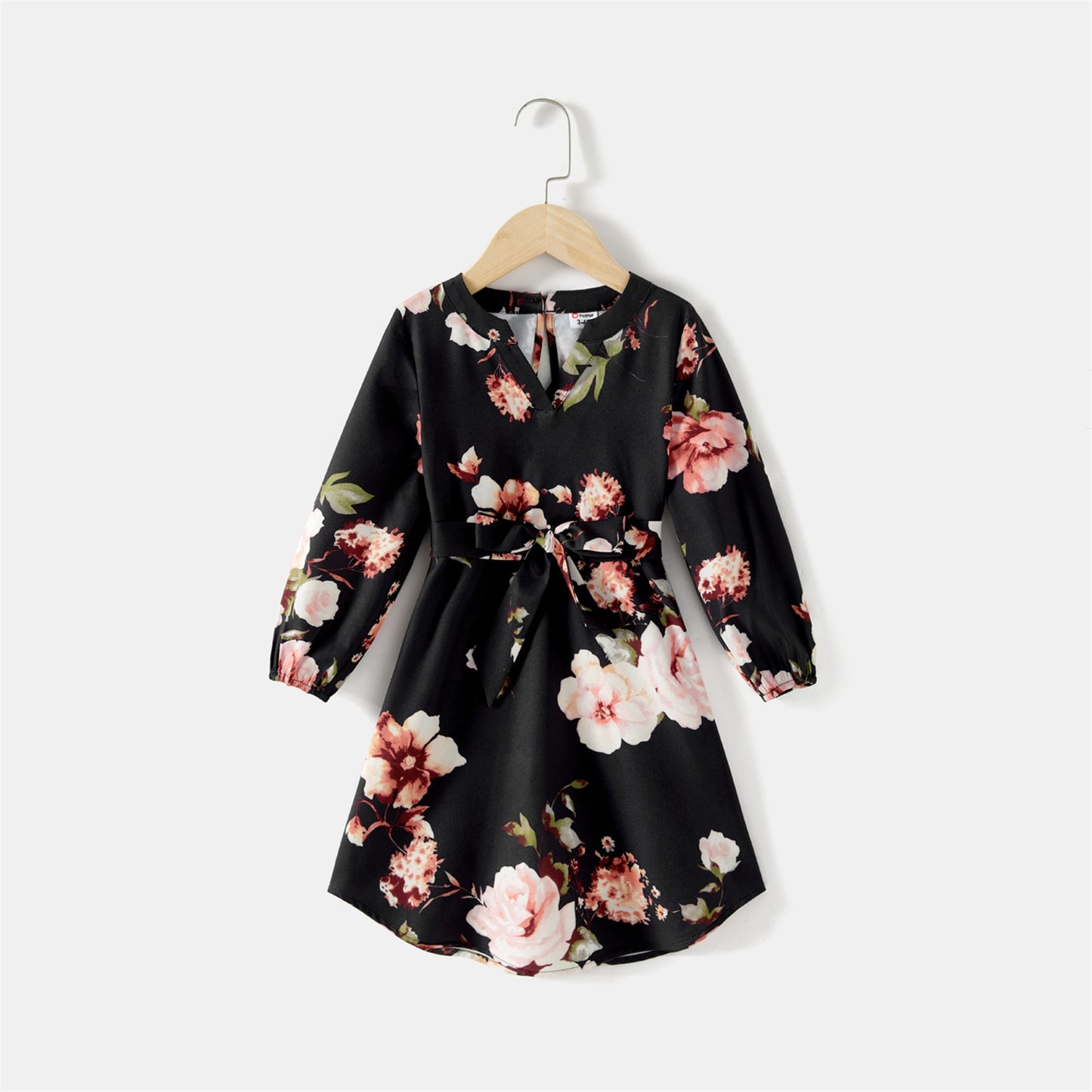 PatPat Mommy and Me Allover Floral Print Black Notch Neck Belted Long-sleeve Dresses