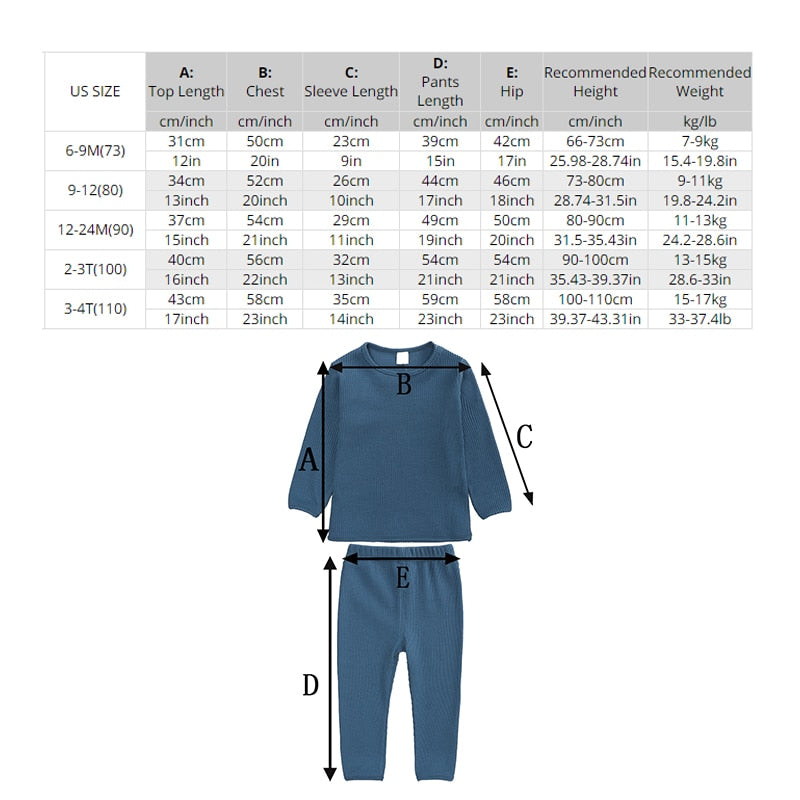 2023 Custom Toddler Kids Ribbed Knitting Pajamas Solid Cotton Winter Lounge Boy Girl Casual Pyjamas Children Warm Sleepwear