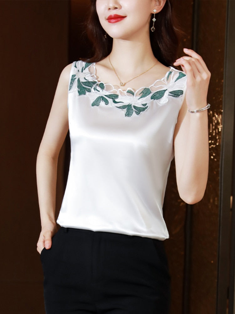 Womens Tops Satin Blouses for Women Women&#39;s Vest Lace Sleeveless Tank Top Floral Elegant Blouse Silk Women Clothing Ladies Tops