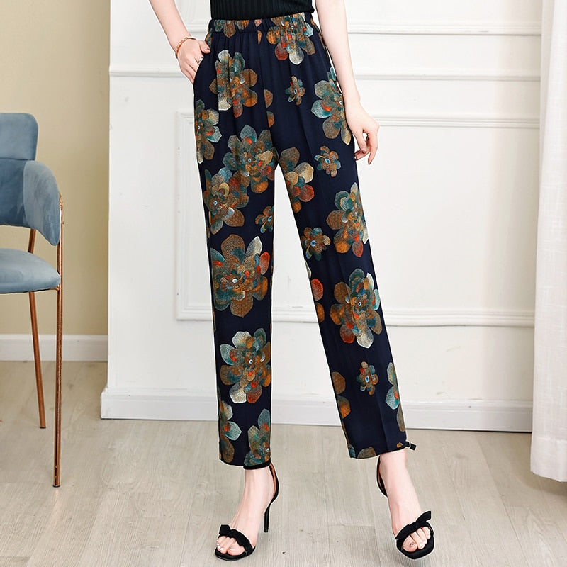 2023 Summer Casual Pencil Pants Women Bottoms Vintage High Waist Pants with Print Elastic Waist Middle Aged Women Trousers