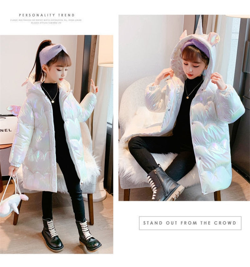 2022 Winter Shiny Jackets Girls Fur Collar Hooded Warm Parka Big Children 4-12 Years Kids Teenage Long Cotton Outerwear Snowsuit