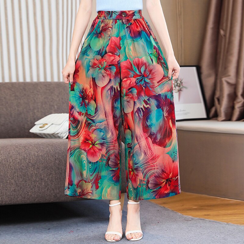 Summer Wide Leg Pants Women Loose High Waist Beach Ankle-Length Trousers Summer Casual Retro Print Plaid Pants