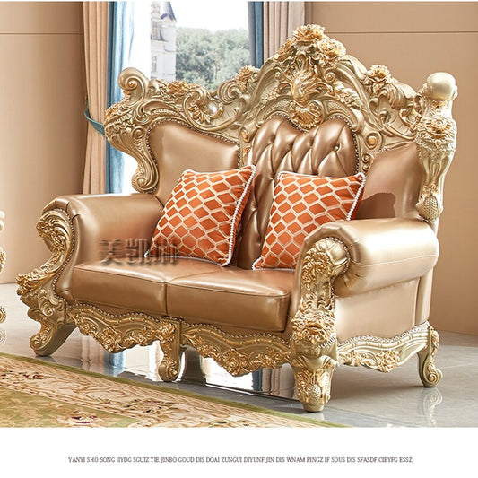 European-style Large-sized Leather Sofa Combination, American Luxury Carved Solid Wood Sofa, High-end Champagne Gold Foil