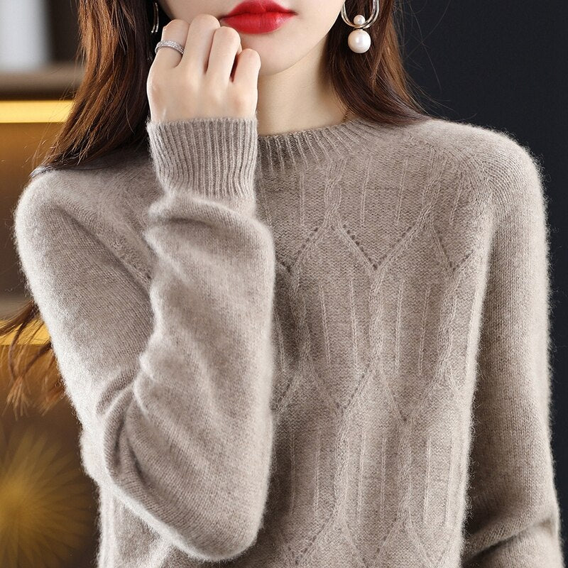 2022 New Knitted Pure Woolen Shirt Round Neck One Line Readymade Garment Hollow Out Loose Slouchy Style Slim Sweater Girl