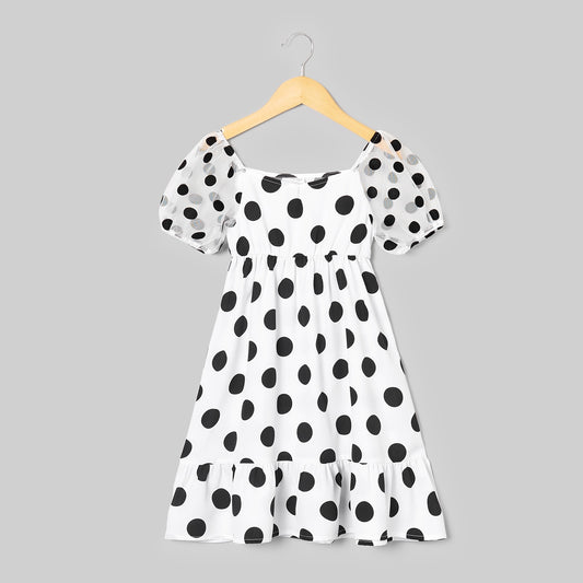 PatPat Black &amp; white Polka Dot Cross Slant V-neck Mesh Puff Sleeves Ruffle Skirt Matching Midi Dresses for Mother and Daughter