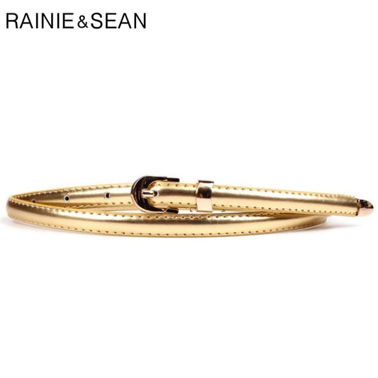 RAINIE SEAN Gold Thin Ladies Leather Belt Women Pin Buckle For Belt Korean Fashion casual Solid Female Waist Belt For Dresses