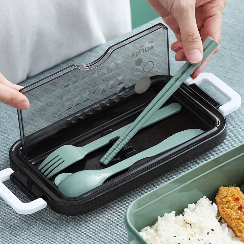 Lunch Box Food Storage Box 3 Layers Grids Student Office Worker Microwave Bento Box Outdoor Picnic Container with Fork Spoon