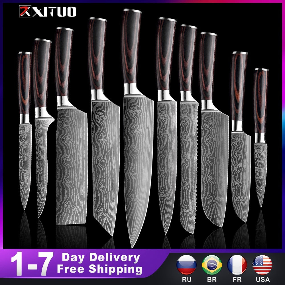 XITUO Kitchen Knives set 1-10PCS Chef knife High Carbon Stainless Steel Santoku knife Sharp Cleaver Slicing Knife Best Choice