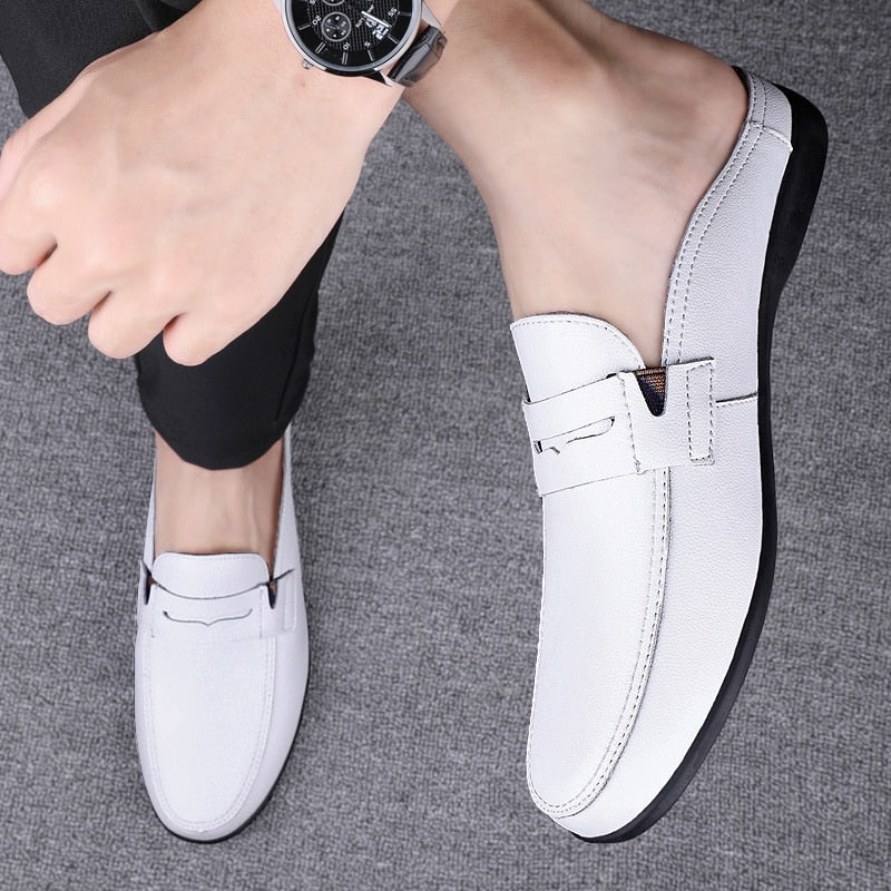 Fashion Half Shoes for Men Slippers Genuine Leather Loafers Shoes Man Moccasins Comfort Non-slip Male Driving Casual Shoes