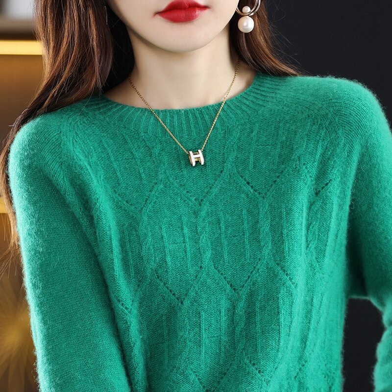 2022 New Knitted Pure Woolen Shirt Round Neck One Line Readymade Garment Hollow Out Loose Slouchy Style Slim Sweater Girl