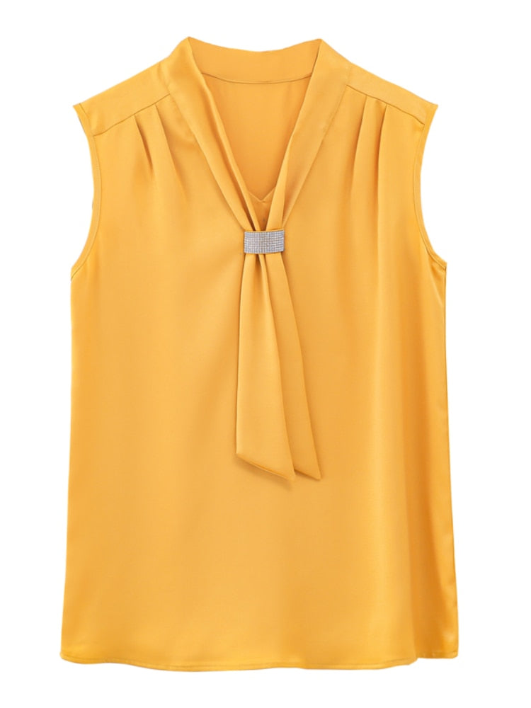 2022 Fashion Summer Satin Blouse V-Neck Sleeveless Womens Tops and Blouses Diamonds OL Women Clothing Chiffon Solid Ladies Tops