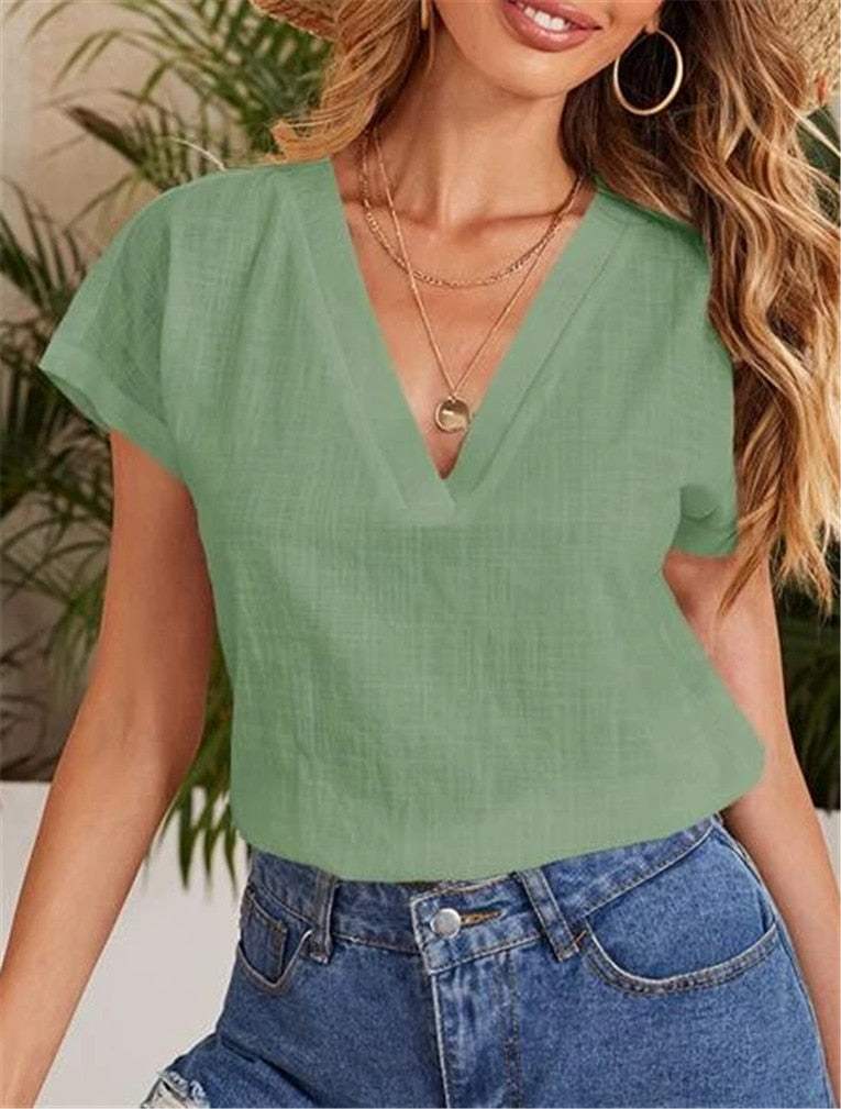 Women&#39;s Cotton Linen Blouse Fashion Summer V Neck Short Sleeve Shirts Solid Color Blouses Casual Office Loose Tops Blusas Mujer