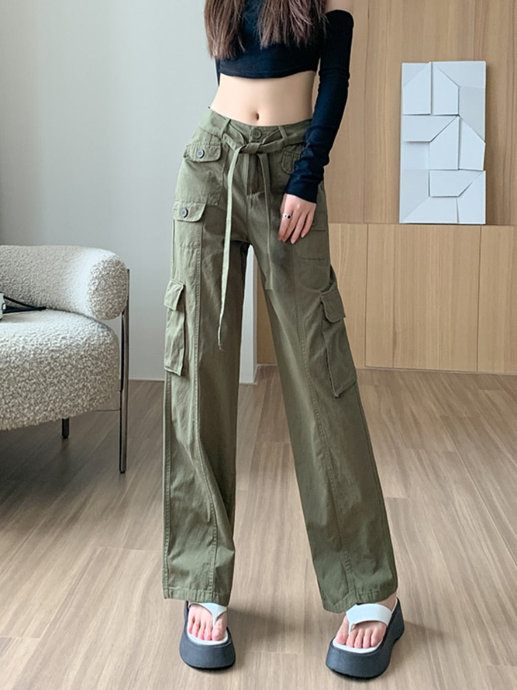 Vintage Cargo Pants Women Casual Pants Autumn New Women Clothing Belt Wide Leg Pants Straight Trousers Basic Soild Pants Women