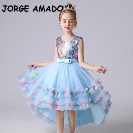 2022 Europe Summer Party Princess Dress Girl Sleeveless Patchwork High Low Girl Dresses Piano Host Birthday Wedding Flower E1803