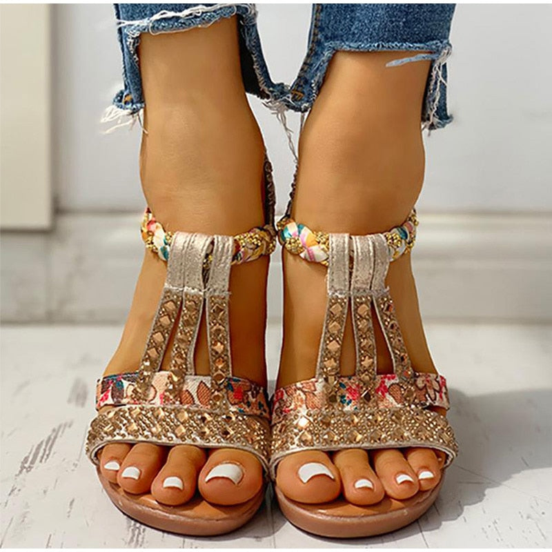 Women&#39;s Sandals Summer Bohemia Platform Wedges Shoes Crystal Gladiator Rome Woman Beach Shoes Casual Elastic Band Female