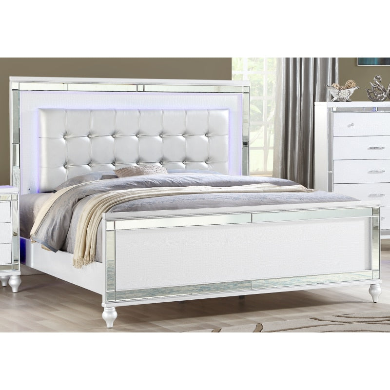 Royal Bedroom Furniture 4 PCS Bedroom Set Include Luxury King Bed Frame Nightstand Dresser White Mirrored Glamorous Furniture