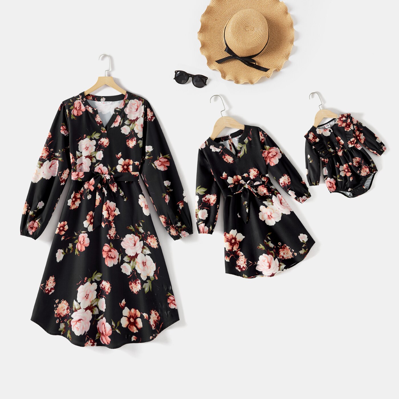 PatPat Mommy and Me Allover Floral Print Black Notch Neck Belted Long-sleeve Dresses