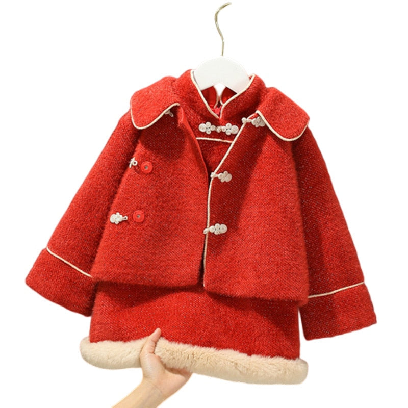 2022 Winter 12M 1 2 3 4 6 Years Toddler Kids Chinese New Year Tang Suits Princess Vest Dress+Coat 2 Pieces Baby Girls Dress Set