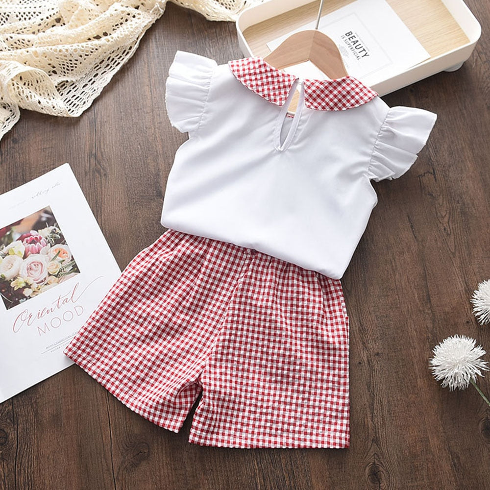 Menoea Toddler Girls Clothes Sets 2022 New Summer Patchwork T-shirts + Plaid Bow Shorts Casual Outfits Baby Kids Clothing Suits