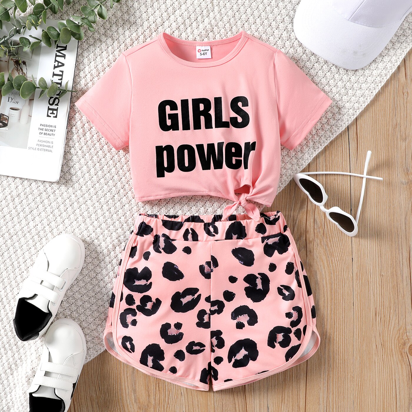 PatPat 2pcs Kid Girl Letter Print Tie Knot Short-sleeve Tee and Leopard Print Shorts Set