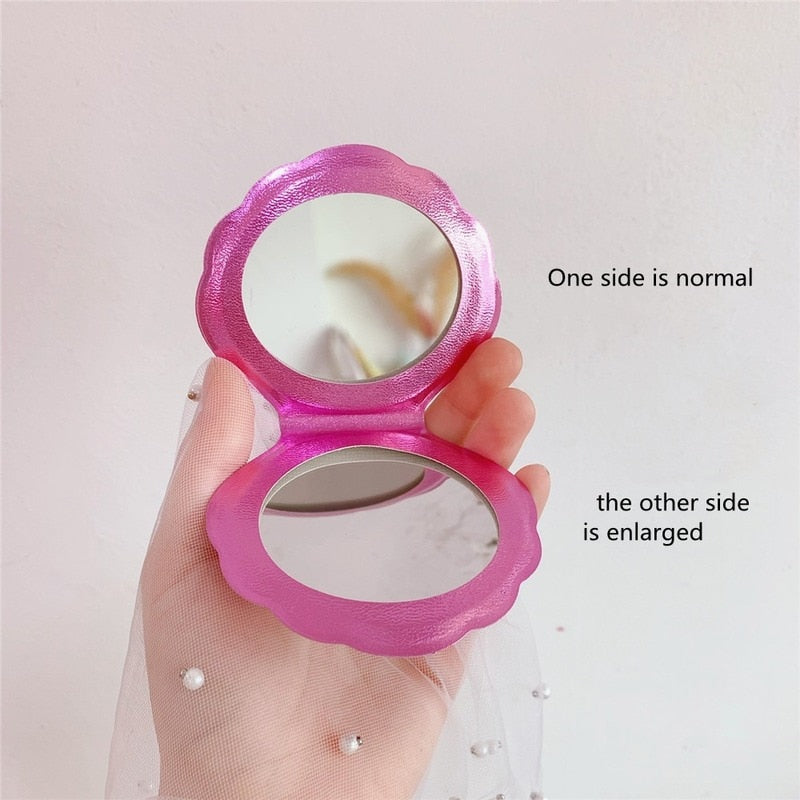 Dream Laser Color Shell Shape Makeup Mirror 2X Magnifying Mirror Portable Double-sided Folding Pocket Kawaii Makeup Accessories