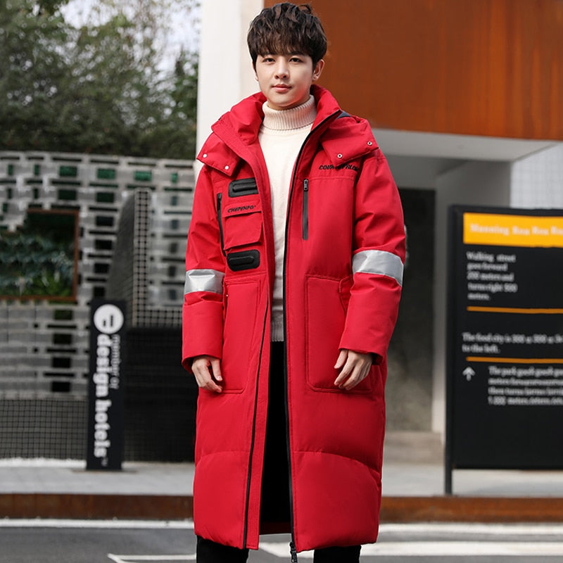 Winter Men Long White Duck Down Jackets Hooded 2022 Fashion Thicken Warm Overcoats Loose Down Coats Man Parkas Black Red White