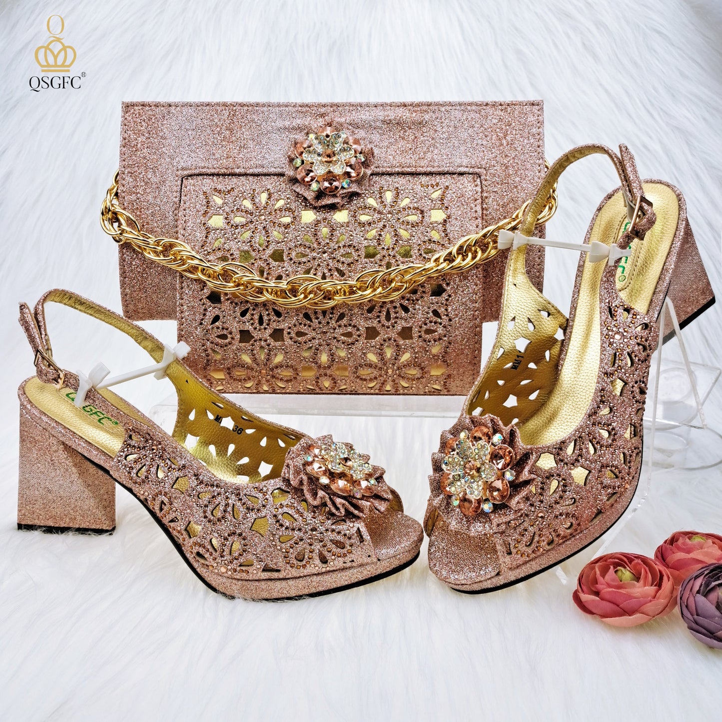 QSGFC Newest Gold Color Cutout Pumps High Heels Decorated with Rhinestone Flower Design Party Women&#39;s Shoes and Bags Set