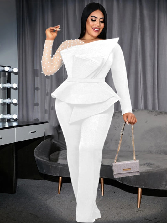 Big Size Women Dressy Jumpsuit Vintage Beaded Patchwork Romper Long Sleeve Straight Wide Leg Elegant Party Birthday Evening 4XL