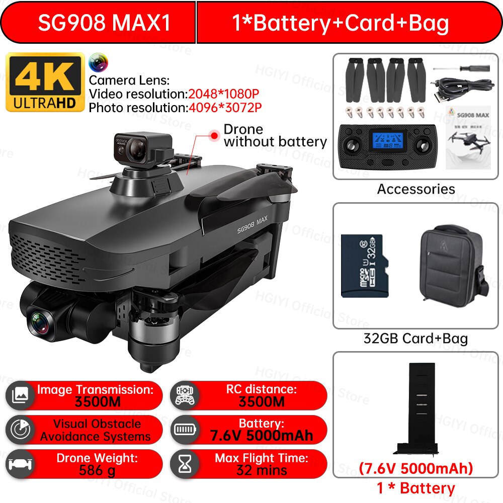 HGIYI SG908 Max Drone 4K Profesional 3-Axis Gimbal Obstacle Avoidance HD Camera Dron GPS RC Helicopter Quadcopter VS SG907 Max
