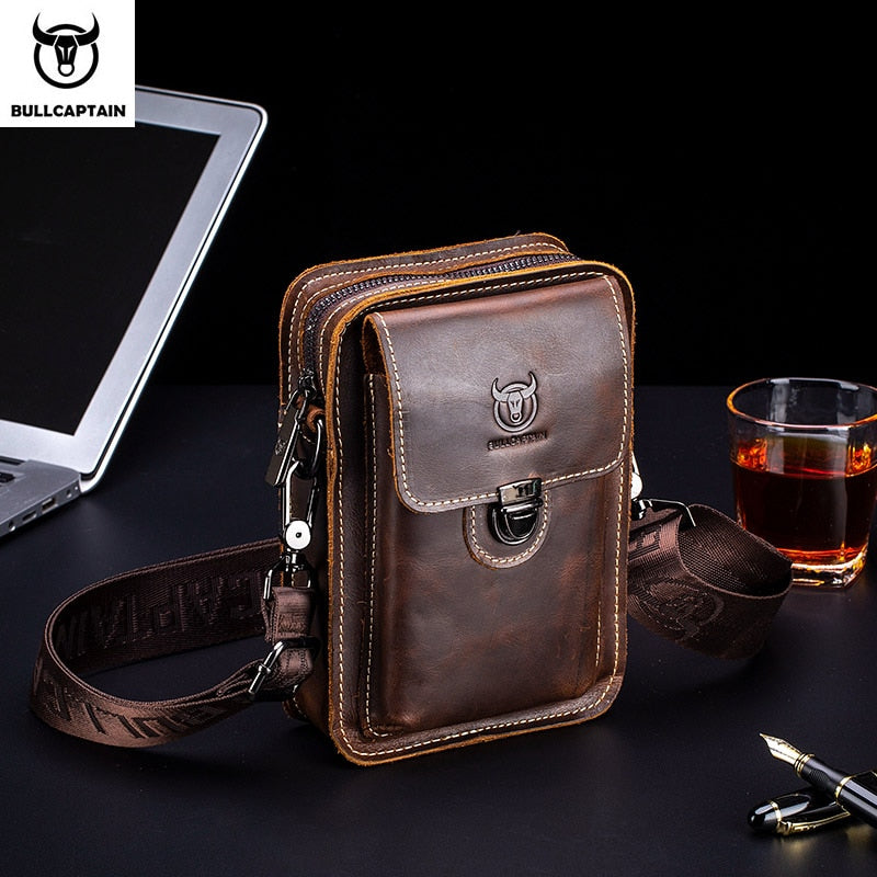 BULLCAPTAIN Crazy Horse Leather Male Waist Pack Phone Pouch Bags Waist Bag Men's Small Chest Shoulder Belt Bag Back Pack YB075