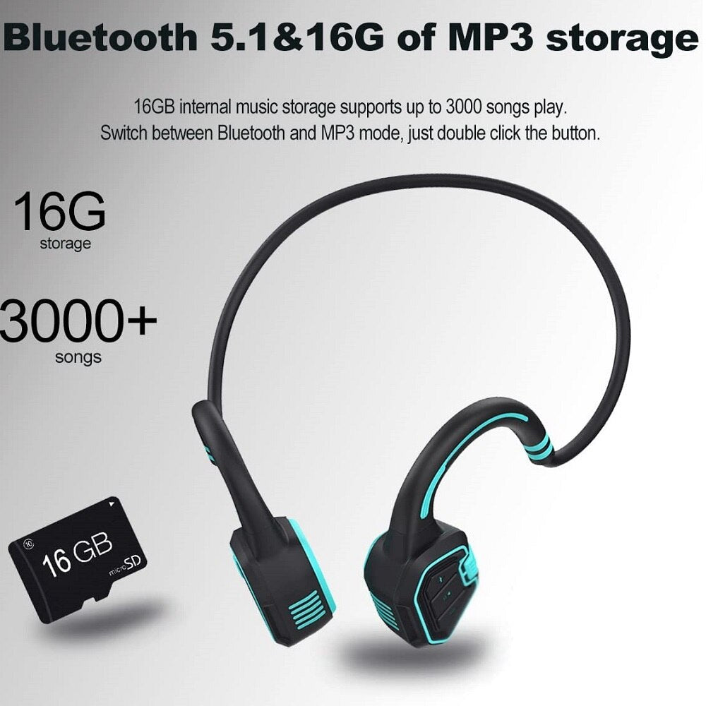 Bone Conduction Earphones TWS IPX8 Waterproof Wireless Bluetooth Headphones with Mic Memory 16G Card Headset Swimming Earphone