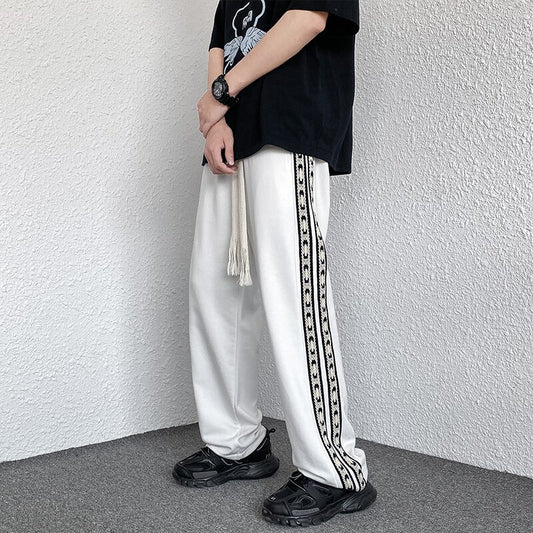 Korean style fashion men&#39;s lace-up knitted sweatpants loose straight wide leg pants boy jogging trousers casual pants black grey